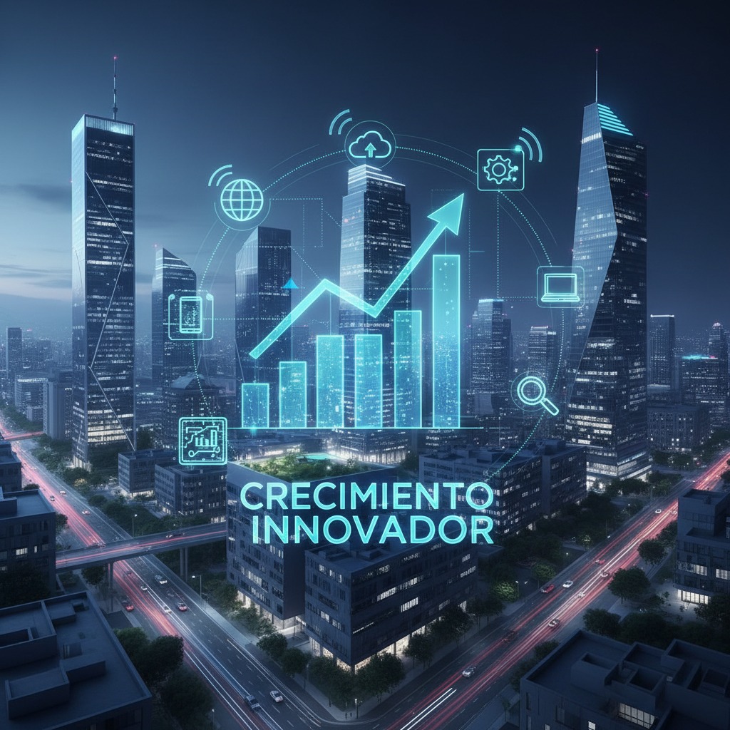 Gráfico de crecimiento empresarial ascendente rodeado de iconos de tecnología y conectividad sobre un fondo moderno de la Ciudad de México.