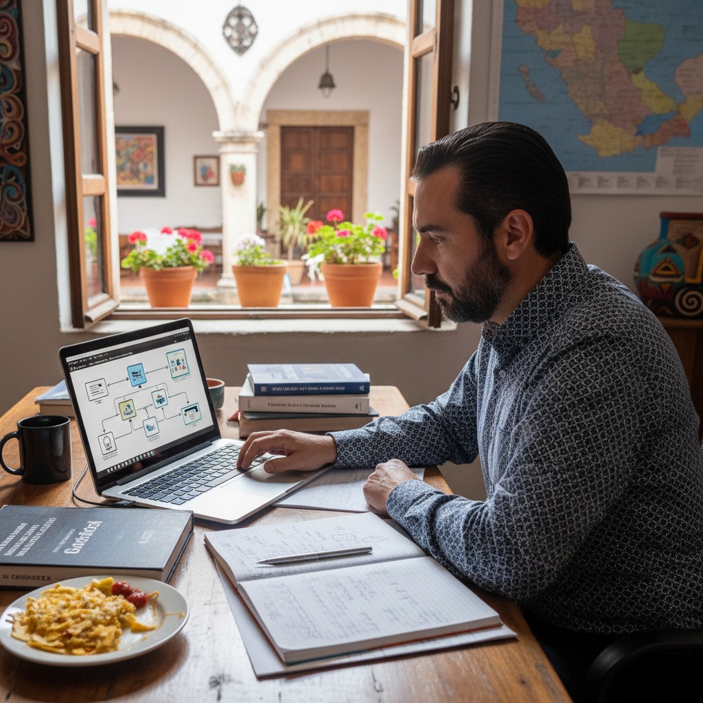 Dueño de negocio en México analizando procesos de automatización digital en su laptop.